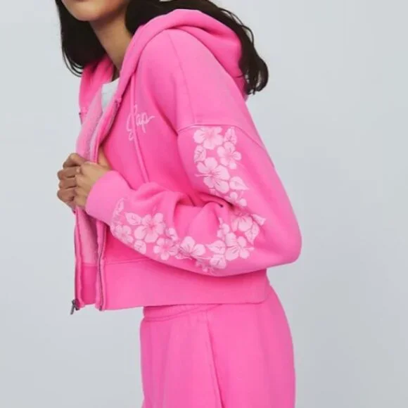 Gap Lilo & Stitch Adult VintageSoft Crop Zip Hoodie Bright Neon Pink S Small - Picture 4 of 9